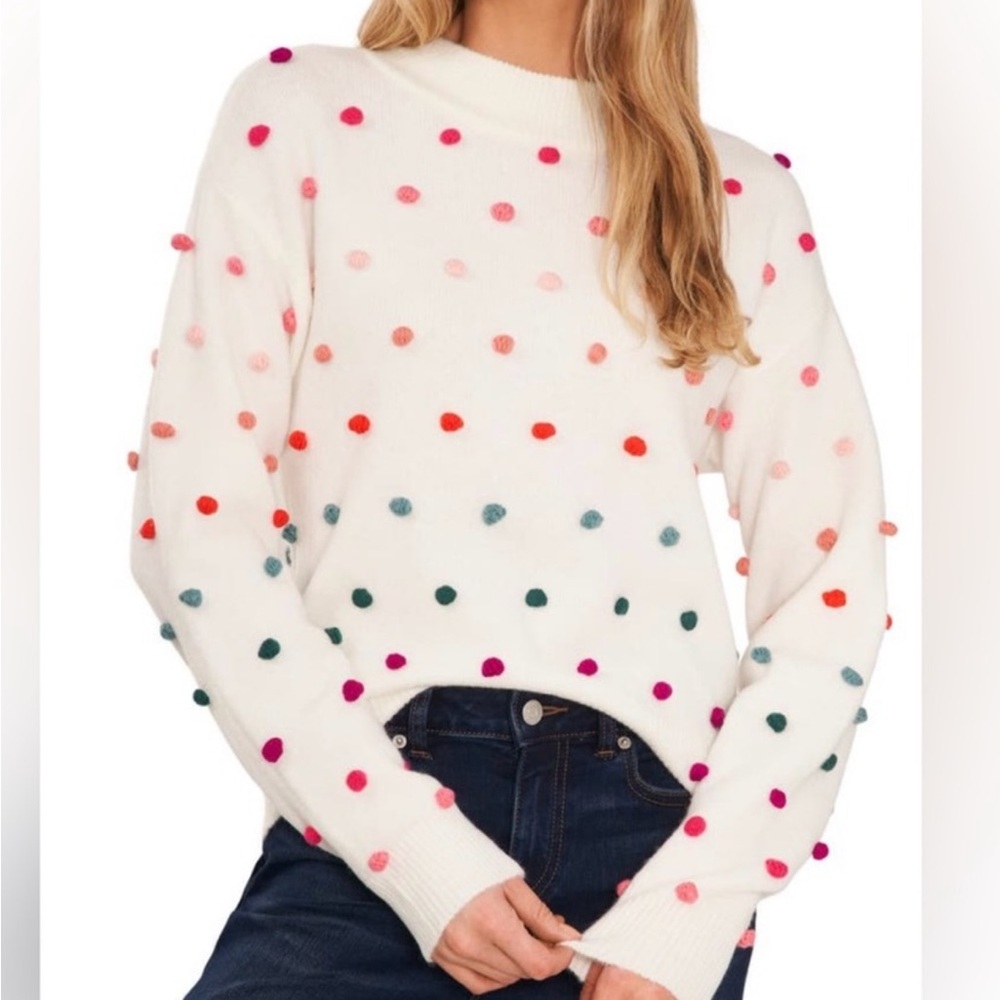 CeCe Ivory Sweater with Multi-colored pom poms